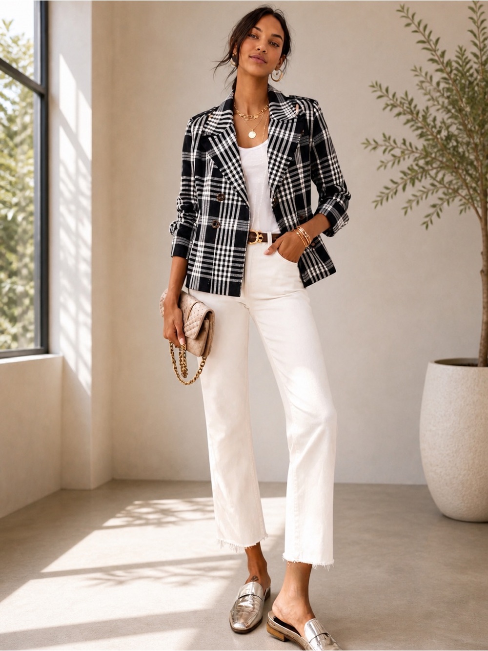 Ann Taylor Black & White Plaid Double-Breasted Blazer